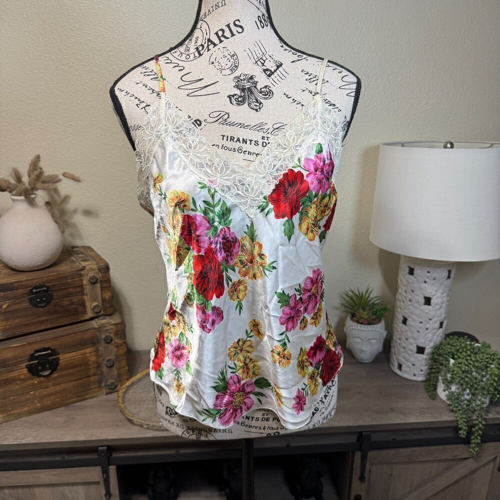 Vintage Victoria's Secret Gold Label Satin Floral Lace Slip Tank Size M 80's